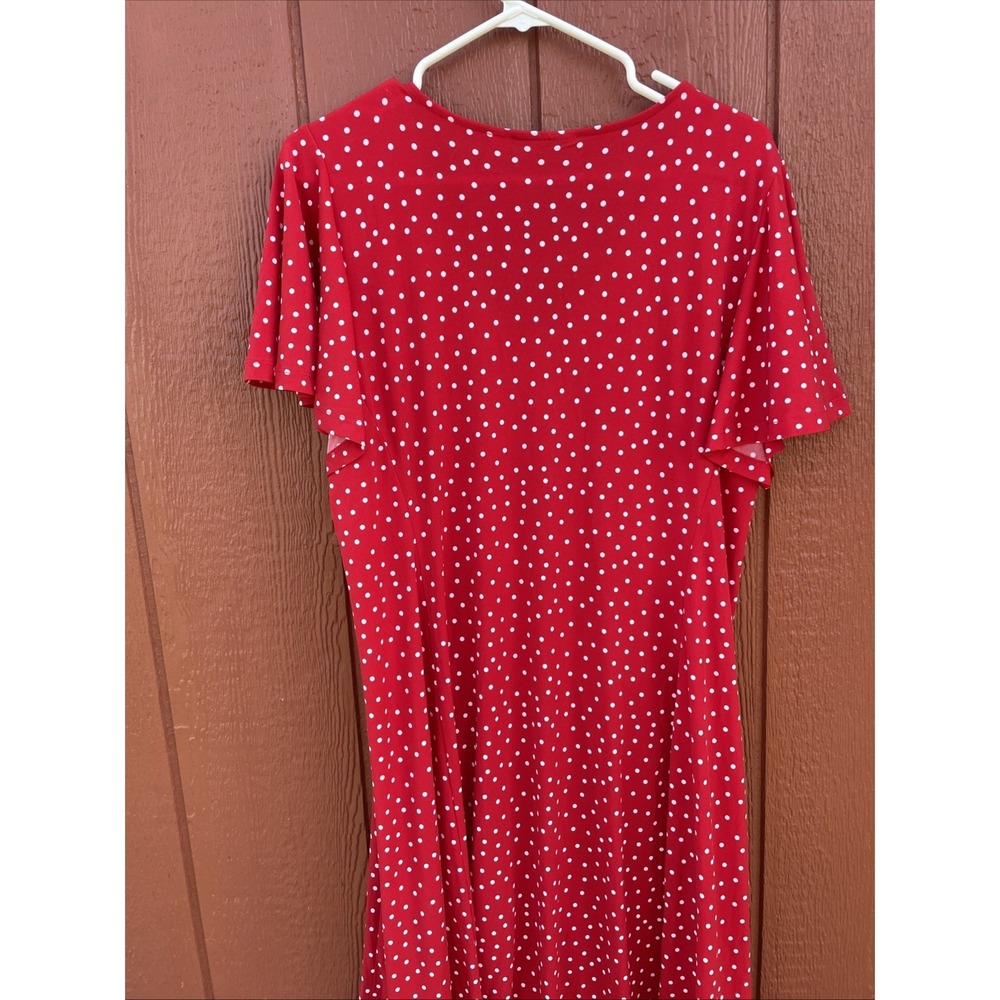 Susan Graver Red Polka Dot Liquid Knit Button Front Midi Dress Flutter Sleeve M - Picture 7 of 7